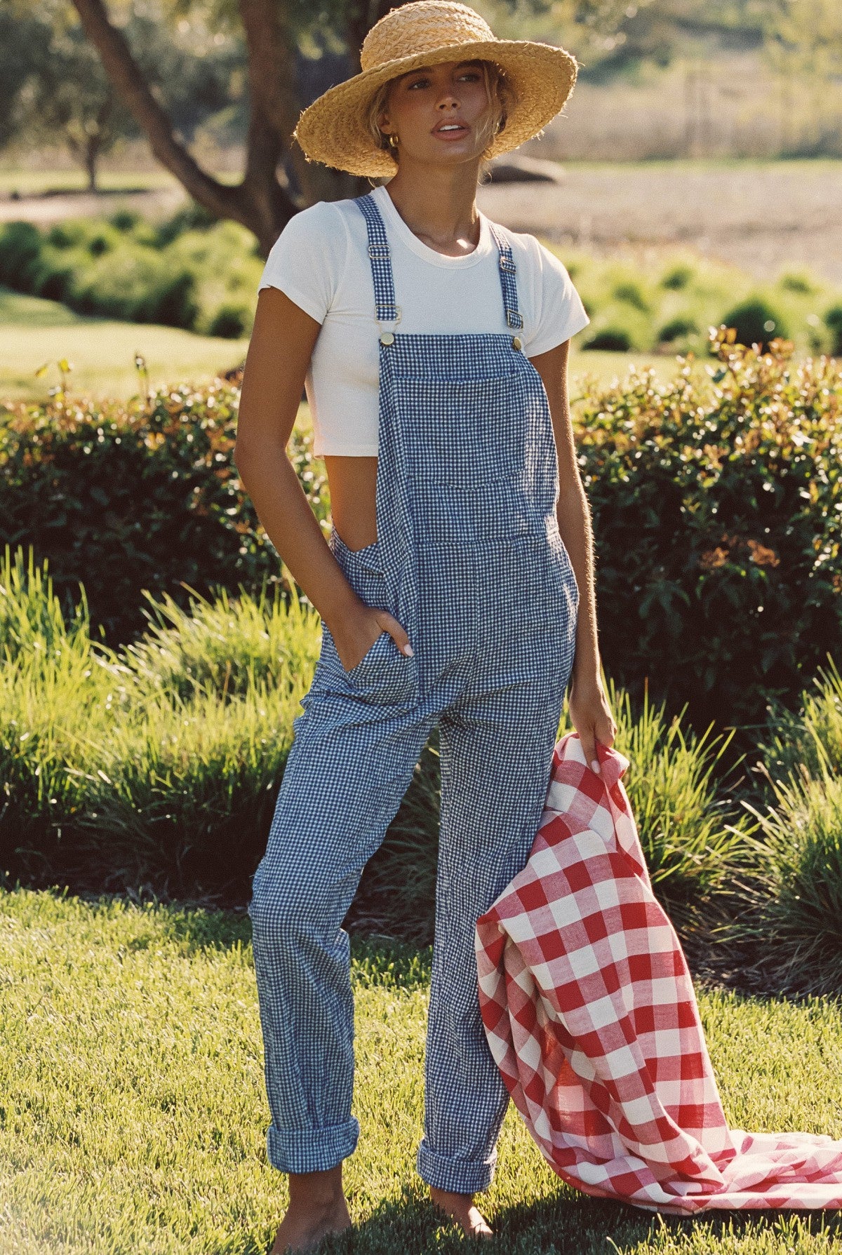 Poppy Full Length Overalls in Blue Gingham / Skatie US