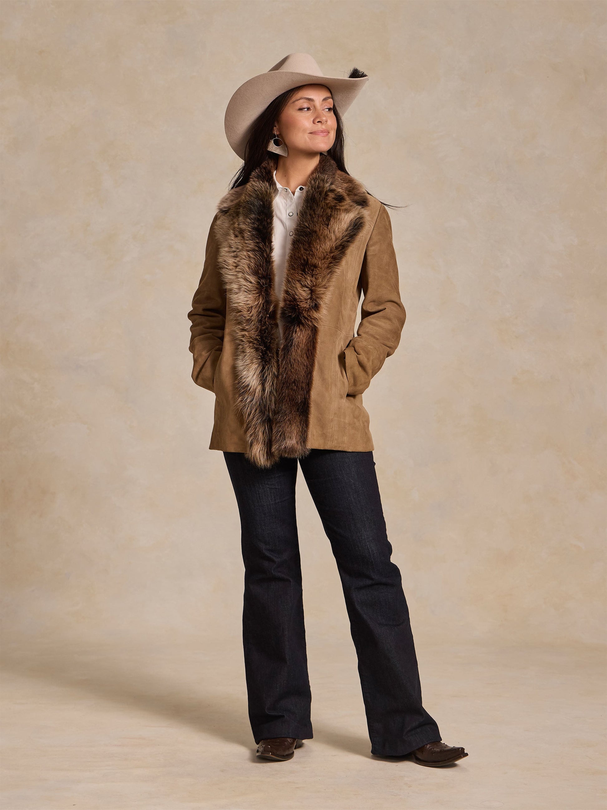 Schaefer Outfitter Women's Suede Coat With Toscana Shearling Collar